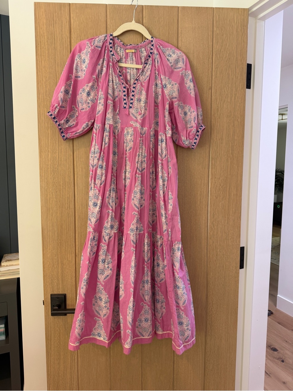Matta Pink Printed Midi Dress with Navy Embroidery